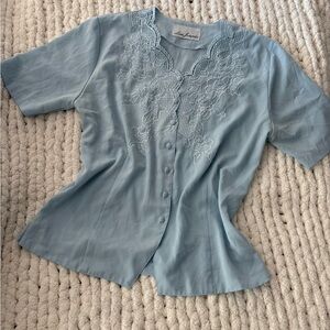 Vintage Light Blue Lace-Embellished Blouse